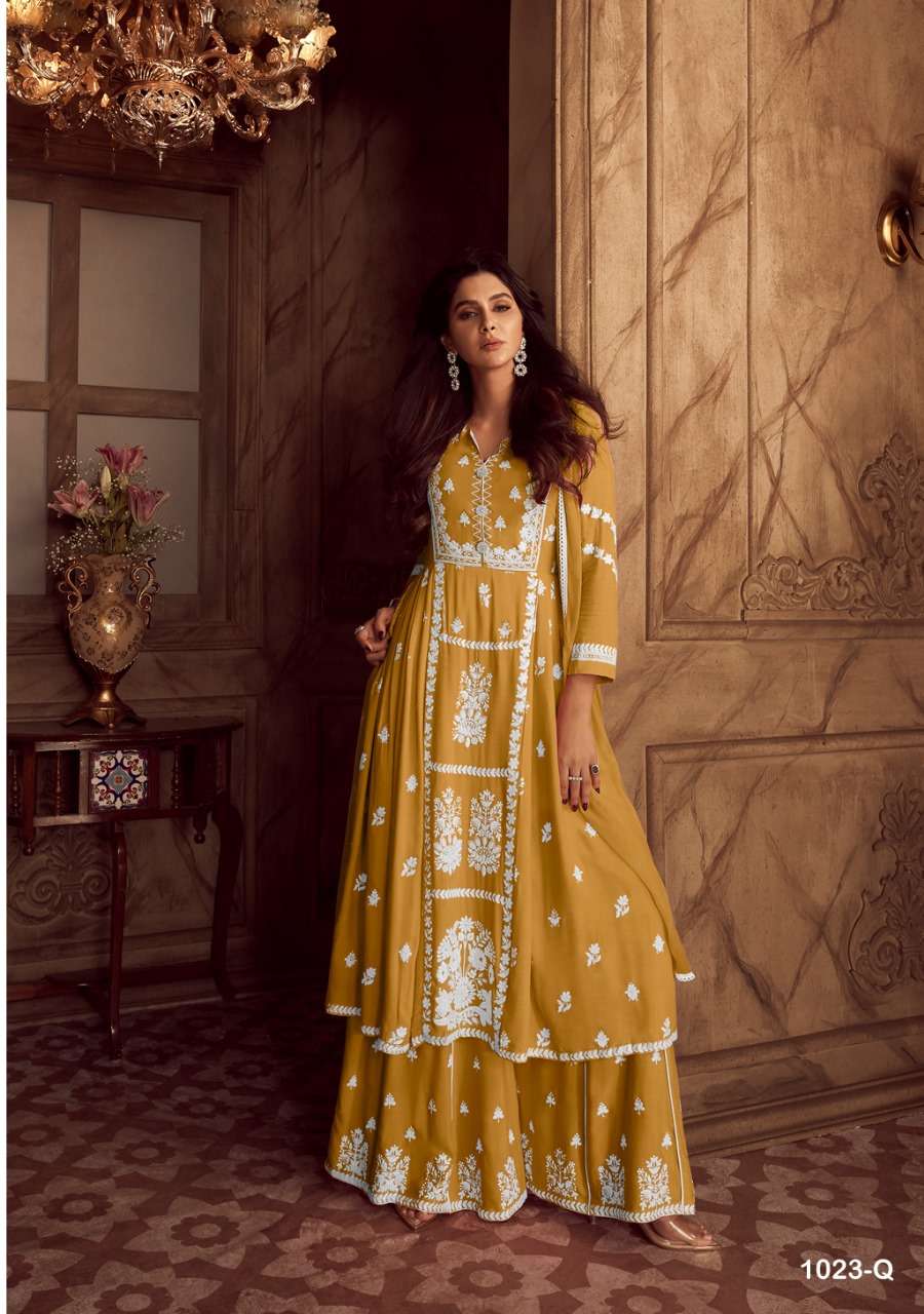 LAKHNAVI VOL 4 DARK LIST HEAVY RAYON LAKHNAWI WORK KURTI WITH PLAZZO AND DUPATTA BY S3FOREVER BRAND 1023 Q
